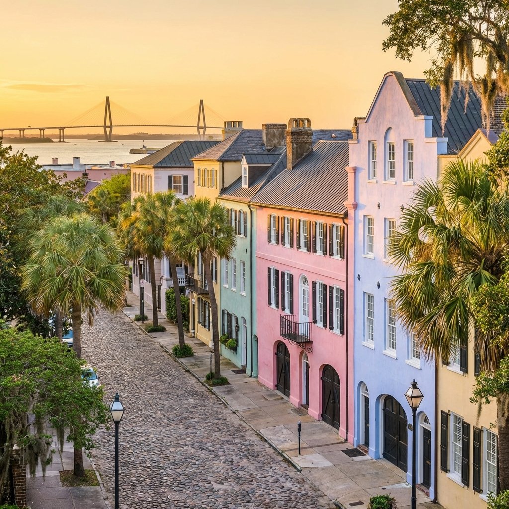 Beautiful view of Charleston, South Carolina featuring Rainbow Row historic homes with the Ravenel Bridge in the background